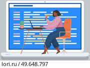Programmer working on web development on computer. Programming languages. css, html, it, ui. coder cartoon female character developing website, coding. Software developer at table with laptop. Web development. Programming languages. Programmer cartoon character developing website, coding. Стоковая иллюстрация, агентство Ingram Publishing / Фотобанк Лори