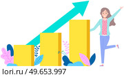 Businesswoman standing near pile of gold coins. Stack of pennies, increased income, business profit concept. Female character near money, increasing finance amount. Wealth, symbol of success, earnings. Businesswoman standing near pile of gold coins. Increased income, business profit concept. Стоковая иллюстрация, агентство Ingram Publishing / Фотобанк Лори