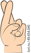 Human hand gesture with crossed fingers color icon. Get luck, lie, superstition symbol good luck. Hand with middle and index fingers crossed isolated vector illustration. Making promise signal by hand. Human hand gesture with crossed fingers color icon. Get lucky, lie, superstition symbol, good luck. Стоковая иллюстрация, агентство Ingram Publishing / Фотобанк Лори