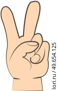 Hand gesture like letter V, symbolizing Peace. Friendly gesture in form of two fingers raised up shows number two on fingers. Victory hand with index and middle fingers up isolated vector on white. Hand gesture like letter V symbolizing Peace. Gesture in form of two fingers raised up. Victory hand. Стоковая иллюстрация, агентство Ingram Publishing / Фотобанк Лори