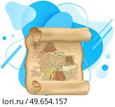 Retro map for robbers adventures. Island with old chest. Pirate map treasure, travel adventure. Geographic paper for searching gold coins. Adventurer attribute, navigation paper with travel path. Old treasure map for pirate adventures. Island with old chest. Pirate map treasure, travel adventure. Стоковая иллюстрация, агентство Ingram Publishing / Фотобанк Лори