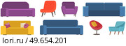Soft cartoon sofas, chairs isolated on white background. Comfortable element of interior design. Furniture for bedroom, living room. Set of upholstered fabric couches abd armchairs with wooden legs. Set of upholstered fabric couches abd armchairs with wooden legs. Furniture for room interior. Стоковая иллюстрация, агентство Ingram Publishing / Фотобанк Лори