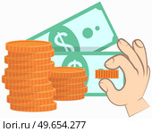 Gold coin with dollar sign, paper notes isolated on white. Human hand holding shiner. Piece of money penny as symbol of wealth and success. Income and high earnings in coins. Gold in form of penny. Gold coin with dollar sign, paper notes isolated on white symbol of wealth and success in human hand. Стоковая иллюстрация, агентство Ingram Publishing / Фотобанк Лори