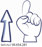 Arrow indicates direction vector design icon with attention hand gesture index finger points up. Pointer with sharp top pointing up forth. Monochrome sketch outline of symbol sign direction. Arrow indicates direction vector design icon with attention hand gesture index finger points up. Стоковая иллюстрация, агентство Ingram Publishing / Фотобанк Лори