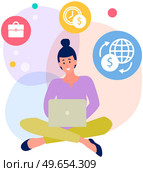 Freelance and business internet transactions. Woman sitting with laptop and transferring funds. Remote work, online home freelancing, banking. Online work, internet surfing with digital technology. Freelance and business internet transactions. Woman sitting with laptop and transferring funds. Стоковая иллюстрация, агентство Ingram Publishing / Фотобанк Лори
