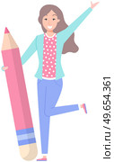 Young woman holding big pencil. Writer, bloggers, journalists, interviewer, screenwriter, copywriter, author, draftsman concept. Joyful woman joins some event with her open arms and pencil in hand. Joyful woman, female writer, interviewer joins some event with her open arms and pencil in hand. Стоковая иллюстрация, агентство Ingram Publishing / Фотобанк Лори