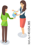 Girl distributes leaflets, flyers on white background. Leafleting, advertising campaign. Promoter, distributor advertises. Female promoter is giving leaflet flier with advertisement to woman. Female promoter is giving leaflet flier with advertisement to woman. Leafleting, advertising concept. Стоковая иллюстрация, агентство Ingram Publishing / Фотобанк Лори