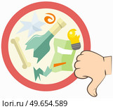 Garbage symbol. Do not litter sign. Trash icon with dirty trash, broken bottles in red circle. Logo on white background with human hand showing dislike or disagreement with thumb down, condemnation. Garbage symbol. Do not litter sign. Trash icon with dirty trash, broken bottles in red circle. Стоковая иллюстрация, агентство Ingram Publishing / Фотобанк Лори