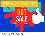 Big sale banner. Sale and discounts. White text and hand on black background. New arrival, big sale and special offer. Black friday up to. Big discount with human hand showing symbol ok thumb up. Big sale banner. Sale and discounts. Vector illustration white text and hand on black background. Стоковая иллюстрация, агентство Ingram Publishing / Фотобанк Лори