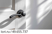 Modern door handle with shadow play in a bright interior space. Современная дверная ручка с игрой теней в светлом интерьере. Стоковое AI-изображение, AI-художник Katsiaryna Repich / Фотобанк Лори