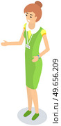 Girl distributor with badge on white background. Advertising campaign, marketing strategy, promotion concept. Lady working in advertising company. Female promoter, marketer vector illustration. Girl distributor with badge, promoter. Advertising campaign, marketing strategy, promotion concept. Стоковая иллюстрация, агентство Ingram Publishing / Фотобанк Лори