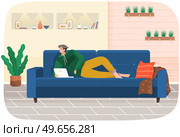 Man lying on couch with computer, holding laptop and correspondence surfing in Internet. Male character communicating with friends, studying remotely, sitting on sofa, relaxing, resting after work. Man lying on couch with computer, holding laptop and correspondence surfing in Internet, typing. Стоковая иллюстрация, агентство Ingram Publishing / Фотобанк Лори