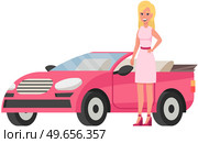 Pretty girl with beautiful hair in dress stands near pink car. Representative of fair sex, young blonde woman in dress and heels driving vehicle. Smiling lady in sundress standing next to transport. Pretty girl with beautiful hair in dress stands near pink car. Blonde woman driving vehicle. Стоковая иллюстрация, агентство Ingram Publishing / Фотобанк Лори