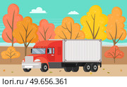 Delivery truck rides on road against background of autumn trees. Wagon with trailer for transporting goods worldwide. Vehicle for transportation and shipping. Delivery of parcels by transport. Delivery truck rides on road near autumn trees. Wagon with trailer for transporting goods worldwide. Стоковая иллюстрация, агентство Ingram Publishing / Фотобанк Лори