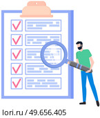 Month planning, to do list, time management, checklist. Man studying to do list with magnifier. Plan fulfilled, task completed. Person with magnifying glass looking at timetable on clipboard. Man studying to do list with magnifier. Person with magnifying glass looks at checklist on clipboard. Стоковая иллюстрация, агентство Ingram Publishing / Фотобанк Лори
