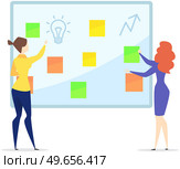 Distribution of duties, teamwork with planning tasks, goals, training for colleagues concept. Women add stickers to daily quest board. Employees make work plan, create list of working tasks. Women add stickers to daily quest board. Employees make work plan, create list of working tasks. Стоковая иллюстрация, агентство Ingram Publishing / Фотобанк Лори