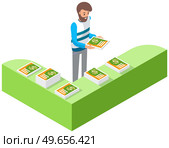 Man stands near advertising platform with books. Marketing company work, promotion, distribution concept. Male character reading product catalog with advertisement. Person near magazines on rack. Man stands near advertising platform with books. Male character reading product catalog, magazine. Стоковая иллюстрация, агентство Ingram Publishing / Фотобанк Лори