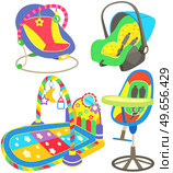 Baby care objects, newborn supplies. Devices for pastime of mother with child. Items for development, feeding and transportation of children. Highchair, developing rug, chaise longue and car seat. Items for development, feeding and transportation of children. Baby care objects, newborn supplies. Стоковая иллюстрация, агентство Ingram Publishing / Фотобанк Лори
