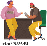 Young woman interviews person in studio for podcast. People create and distribute audio or video files. Speaker sits and asks girl questions to find out interesting information for multimedia. Young woman interviews person in studio for podcast. People create and distribute audio, video files. Стоковая иллюстрация, агентство Ingram Publishing / Фотобанк Лори