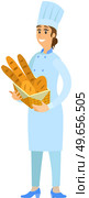 Professional bread maker holding fresh baguettes and loaves. Happy female bakery staff flat vector illustration. Bakehouse worker with hot pastries. Woman stands with basket of bread, bakery. Bakehouse worker holding fresh baguettes and loaves. Woman stands with basket of bread, bakery. Стоковая иллюстрация, агентство Ingram Publishing / Фотобанк Лори