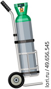 Transportation of gas cylinder, canister with fuel. Metal tank with liquefied compressed petroleum, propane on cart with wheels. Pressurized gas cylinder, storage with tap for substance release. Transportation of gas cylinder, canister with fuel. Metal tank, storage for pressurized substance. Стоковая иллюстрация, агентство Ingram Publishing / Фотобанк Лори