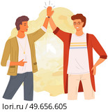 Two people giving high five, standing happily with hands together. Smiling men greeting each other. Male characters give five and rejoice. Happy guys during greeting isolated on white background. Smiling men greeting each other. Male characters give five and rejoice standing with hands together. Стоковая иллюстрация, агентство Ingram Publishing / Фотобанк Лори