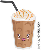 Cute coffee latte with froth and syrup sticker kawaii icon vector design. Adorable hot drink in glass with positive emotion, japanese, oriental culture symbol anime, innocence and childishness. Cute coffee latte with froth and syrup sticker kawaii. Hot drink in glass with positive emotion. Стоковая иллюстрация, агентство Ingram Publishing / Фотобанк Лори