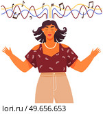 Woman with inspirational, imaginative, creative thinking. Different mental mindset types. Creative people mental perceiving. Mind behavior, creativity, development of ear for music, musical art. Woman with ear for music, imaginative, creative thinking. Mind behavior, creativity, musical art. Стоковая иллюстрация, агентство Ingram Publishing / Фотобанк Лори