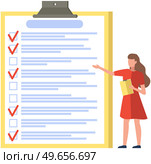 Month scheduling, to do list, time management concept. Woman stands near to do plan and planning schedule. Plan fulfilled, task completed, timetable sheet. Lady works with check list planning. Woman stands near to do list and planning schedule. Plan fulfilled, task completed, timetable sheet. Стоковая иллюстрация, агентство Ingram Publishing / Фотобанк Лори