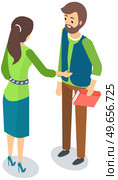 Distributor advertises, promotes to customer. Advertising proposal, marketing strategy, promotion concept. Man and woman communicate, discuss. Male character standing with book in his hands. Distributor advertises, promotes to customer. Man with book in his hands and woman communicate. Стоковая иллюстрация, агентство Ingram Publishing / Фотобанк Лори