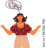 Abstract metaphor of problem solving or difficult situation. Woman sitting with tangled ball of thoughts in her head. Girl with chaos, mess in head is thinking. Psychotype, mental mindset type concept. Abstract metaphor of problem solving or difficult situation. Psychotype, mental mindset type concept. Стоковая иллюстрация, агентство Ingram Publishing / Фотобанк Лори