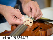 close up of hands connecting the violin bridge. Стоковое фото, агентство Ingram Publishing / Фотобанк Лори