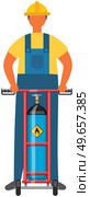 Man holding device for transportation of gas cylinder, canister with fuel. Worker near metal tank with liquefied compressed petroleum, propane on cart with wheels. Person holds pessurized gas storage. Man holding device for transportation of gas cylinder, canister with fuel on cart with wheels. Стоковая иллюстрация, агентство Ingram Publishing / Фотобанк Лори
