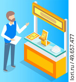 Man promoting near stand with presentation product catalogs. Leafleting, advertising campaign, work in marketing company, promotion concept. Male promoter is salling books vector illustration. Male promoter advertising books, leafleting near stand with presentation product catalogs. Стоковая иллюстрация, агентство Ingram Publishing / Фотобанк Лори