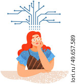 Type of mental thinking and woman with technical mindset. Female microelectronics engineer or technician specialist thinks about microcircuits. Mind behaviour, mental perceiving, logical thinking. Technician specialist, woman with technical mindset thinking about microcircuits, logical inference. Стоковая иллюстрация, агентство Ingram Publishing / Фотобанк Лори