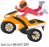 Young man in helmet riding motorcycle on white background. Hipster brave motorcyclist driving motorcycle on road doing stunts. Guy is engaged in extreme sports. Riding bike in park or motocross. Young man in helmet riding motorcycle. Motorcyclist driving motorcycle on road doing stunts. Стоковая иллюстрация, агентство Ingram Publishing / Фотобанк Лори