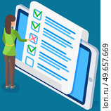 Online form survey paper on tablet screen. Woman checks blank with answers. Femail character looks at quiz exam paper document. Businesswoman is checking correctness of questionnaire form, test. Online survey paper on tablet screen. Woman is checking correctness of questionnaire form, test. Стоковая иллюстрация, агентство Ingram Publishing / Фотобанк Лори