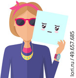 Stylish woman holding picture of cute kawaii indifferent face. Manga style eyes and mouths. Funny japanese facial expression. Eastern kawaii anime culture elements. Lady shows emotion of indifference. Stylish woman holding picture of cute kawaii indifferent face. Lady shows emotion of indifference. Стоковая иллюстрация, агентство Ingram Publishing / Фотобанк Лори