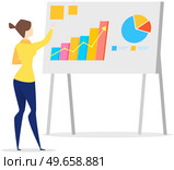 Woman reporting statistics, diagrams. Businesswoman showing financial report with statistical indicators. Girl demonstrates results of data analysis, business research on presentation board. Businesswoman showing financial report, demonstrates results of data analysis on presentation board. Стоковая иллюстрация, агентство Ingram Publishing / Фотобанк Лори