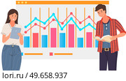 Businessteam stands in front of screen with chart, statistics. Office workers have creative idea for company finance development. Colleagues conduct analytics of statistical data, diagram on banner. Colleagues conduct analytics of statistical data. Businessteam analyse statistics, diagrams. Стоковая иллюстрация, агентство Ingram Publishing / Фотобанк Лори