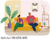 Young people quarreling at home. Guy yells at girl. Man is nervous woman offended, couple in bad relationship. Arguing, reprimanding, having argument fight. Family conflicts. Marriage crisis. People quarreling at home. Guy yells at girl. Man nervous woman offended, couple in bad relationship. Стоковая иллюстрация, агентство Ingram Publishing / Фотобанк Лори