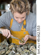 female worker opening french oysters. Стоковое фото, агентство Ingram Publishing / Фотобанк Лори