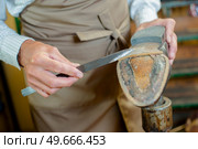Cobbler scraping sole of shoe with sharp blade. Стоковое фото, агентство Ingram Publishing / Фотобанк Лори