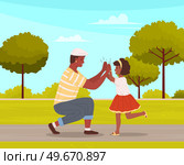 Two people giving five with hands together. Man and his child in casual clothes greeting each other. Father and daughter give five and rejoice. Happy characters during greeting vector illustration. Man and his child in casual clothes greeting each other. Father and daughter give five and rejoice. Стоковая иллюстрация, агентство Ingram Publishing / Фотобанк Лори