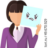 Woman holding picture of cute kawaii disgruntled face. Manga style eyes and mouths. Funny japanese positive facial expression. Eastern kawaii anime culture elements. Lady shows angry emotion. Woman holding picture of cute kawaii disgruntled face. Lady shows angry emotion, facial expression. Стоковая иллюстрация, агентство Ingram Publishing / Фотобанк Лори