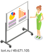 Presenter looking at dynamics of chart change. Employee analyzes statistical indicators on presentation board. Female character works with financial research, data analysis. Business analytics concept. Presenter looking at dynamics of chart change. Employee analyzes statistics on presentation board. Стоковая иллюстрация, агентство Ingram Publishing / Фотобанк Лори
