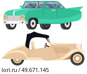 Set of modes of transport and machine shapes. Cars of different types with tinted glass in background of landscape of nature or city. Crossover, hatchback, vehicle is riding in autumn park. Cars of different types with tinted glass in background of landscape of nature in autumn park. Стоковая иллюстрация, агентство Ingram Publishing / Фотобанк Лори