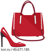 Fashion shoes and bag isolated on white. Stylish elements of women s wardrobe in casual style red high heel shoes and handbag, footwear and pouch, female accessories fashionable trendy collection. Fashion shoes and bag isolated on white. Stylish elements of women s wardrobe in casual trendy style. Стоковая иллюстрация, агентство Ingram Publishing / Фотобанк Лори