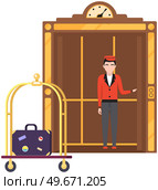 Modern elevator made in old vintage style. Door to cabin of mechanical lift with lifting mechanism. Doorman standing inside retro lift. Elevator with doors and floor counter vector illustration. Doorman standing inside cabin of mechanical retro lift. Elevator with doors and floor counter. Стоковая иллюстрация, агентство Ingram Publishing / Фотобанк Лори