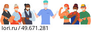 Stop coronavirus agitation concept. Vaccination promo, immunization of workers. Vaccine saves lives. People wearing protective mask showing their arm with bandage after receiving covid-19 vaccine. Stop coronavirus agitation concept. Vaccination promo, immunization of workers. Vaccine saves lives. Стоковая иллюстрация, агентство Ingram Publishing / Фотобанк Лори
